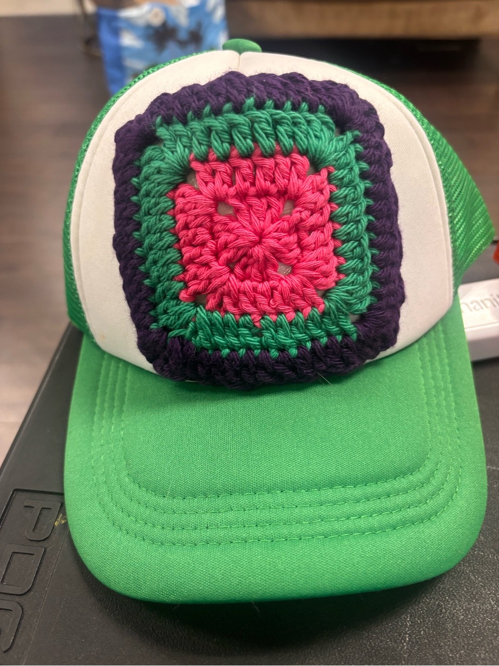 Kids Green Trucker Hat with Pink & Purple Crochet Square